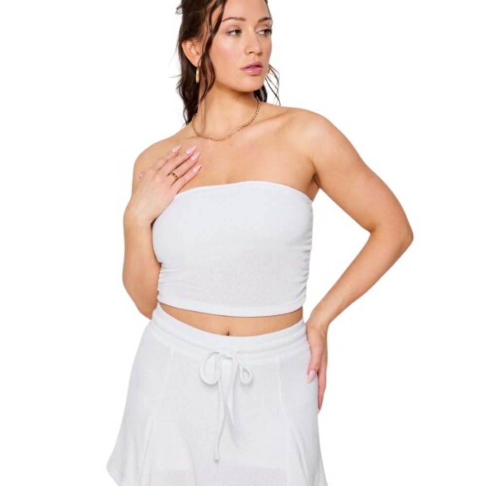 Breezy Knit Ruched Tube Top White Strapless Cropped Tank Top